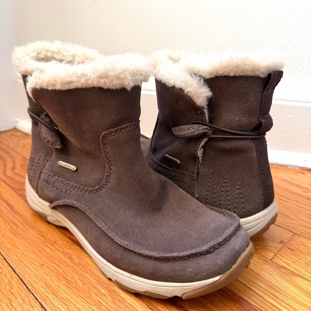 Merrell Approach Waterproof Espresso Suede Faux Fur Lined Women’s Boots Size 7.5